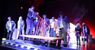 80 Jahre neue Bühne: Senftenberg feiert mit zwei Uraufführungen 🎞️ Ensemble bei den Proben zum FestSpiel Jubiläum der neuen Bühne Senftenberg auf einer Bühne mit einer Draisine.