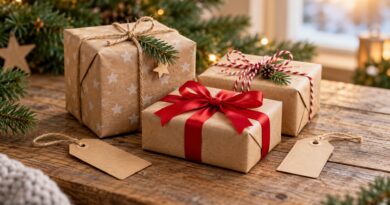 Drei verpackte Weihnachtsgeschenke und leere Geschenkanhänger auf einem Tisch; KI-generiertes Symbolbild.