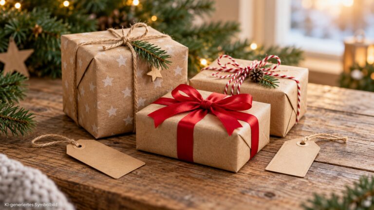 Drei verpackte Weihnachtsgeschenke und leere Geschenkanhänger auf einem Tisch; KI-generiertes Symbolbild.