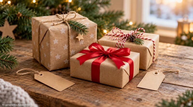 Drei verpackte Weihnachtsgeschenke und leere Geschenkanhänger auf einem Tisch; KI-generiertes Symbolbild.